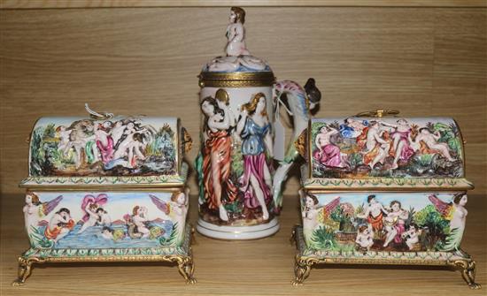 A pair of mid 20th century Capo di Monte lidded boxes and a beer stein